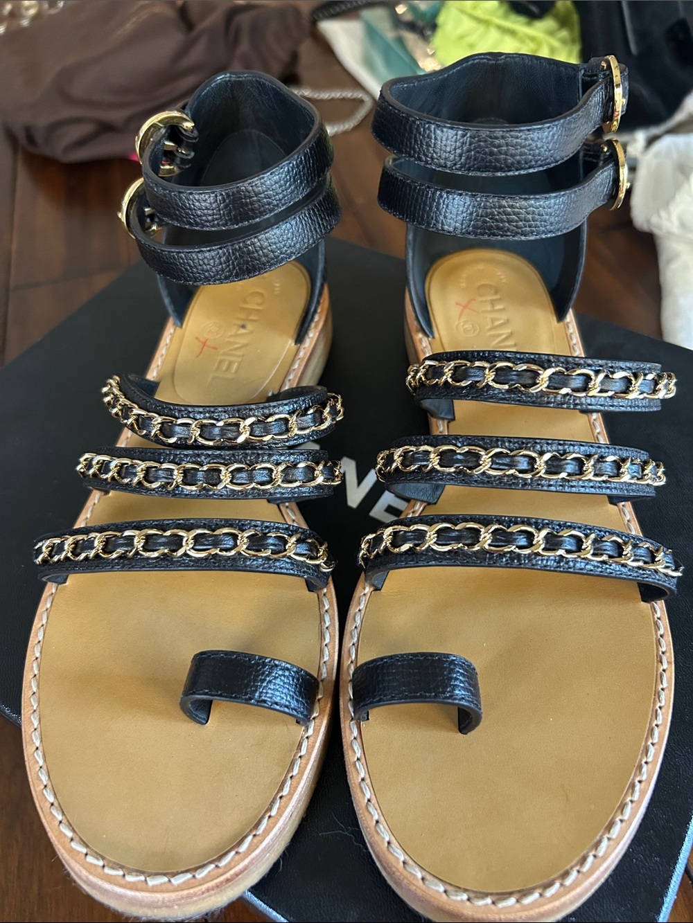 CHANEL Black Leather Chain-Strap Multi-Band Sandals